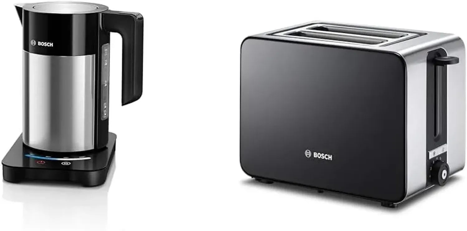 Bosch TWK7203 Wasserkocher, 1,7L, 7 Temperaturen, Abschaltautomatik, 2200W, schwarz & TAT7203 Toaster, Auftau- und Aufknusperfunktion, 1050W, Edelstahl/schwarz