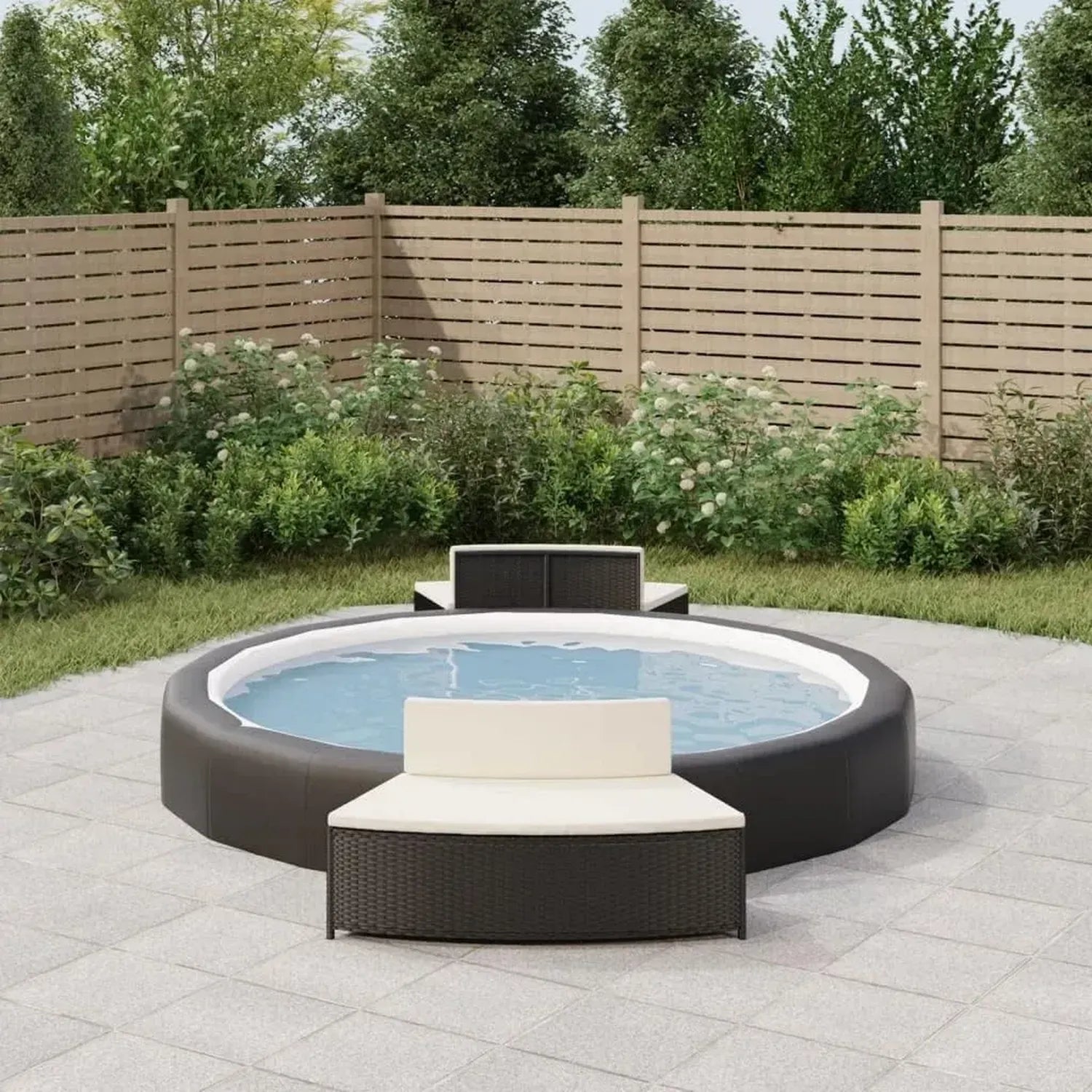 Runder Rattan-Whirlpool-Rahmen mit Stauraum und Sitzbänken, Schwarz